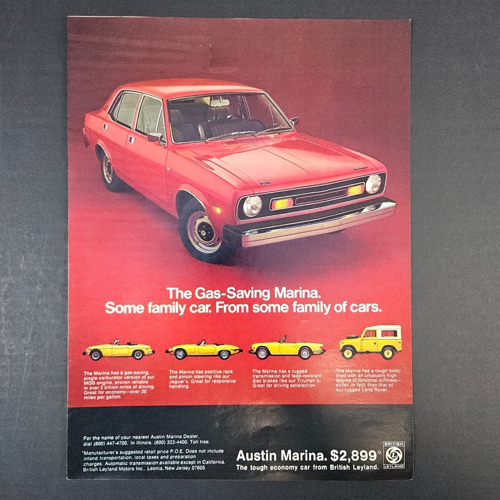 1974 Austin Marina Family Car British Leyland Vintage Print Ad Leonia NJ Garage